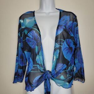 Tango Mango blue tone floral semi sheer tie front 3/4 sleeve top size large